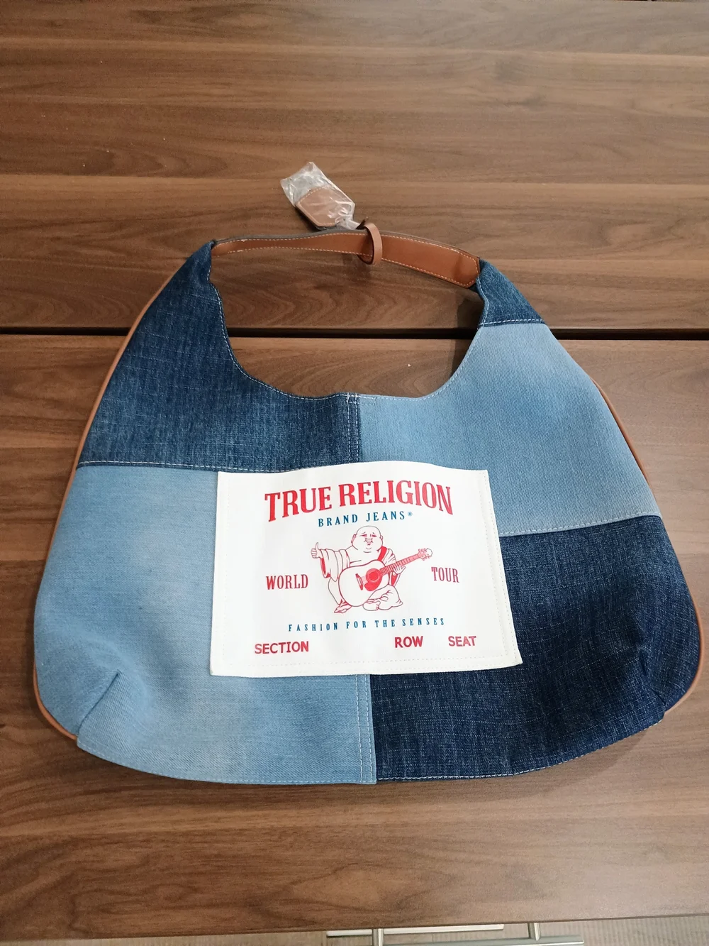 True Religion Two-Tone Denim Patch Hobo with Tan Trim